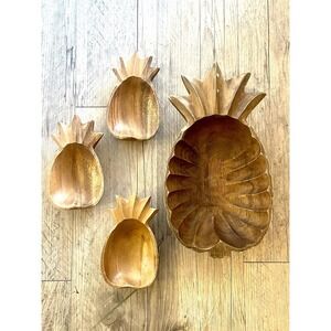 Vintage Carved Wood Pineapple Bowl Candy Dishes Nut Decorative Bowl Set